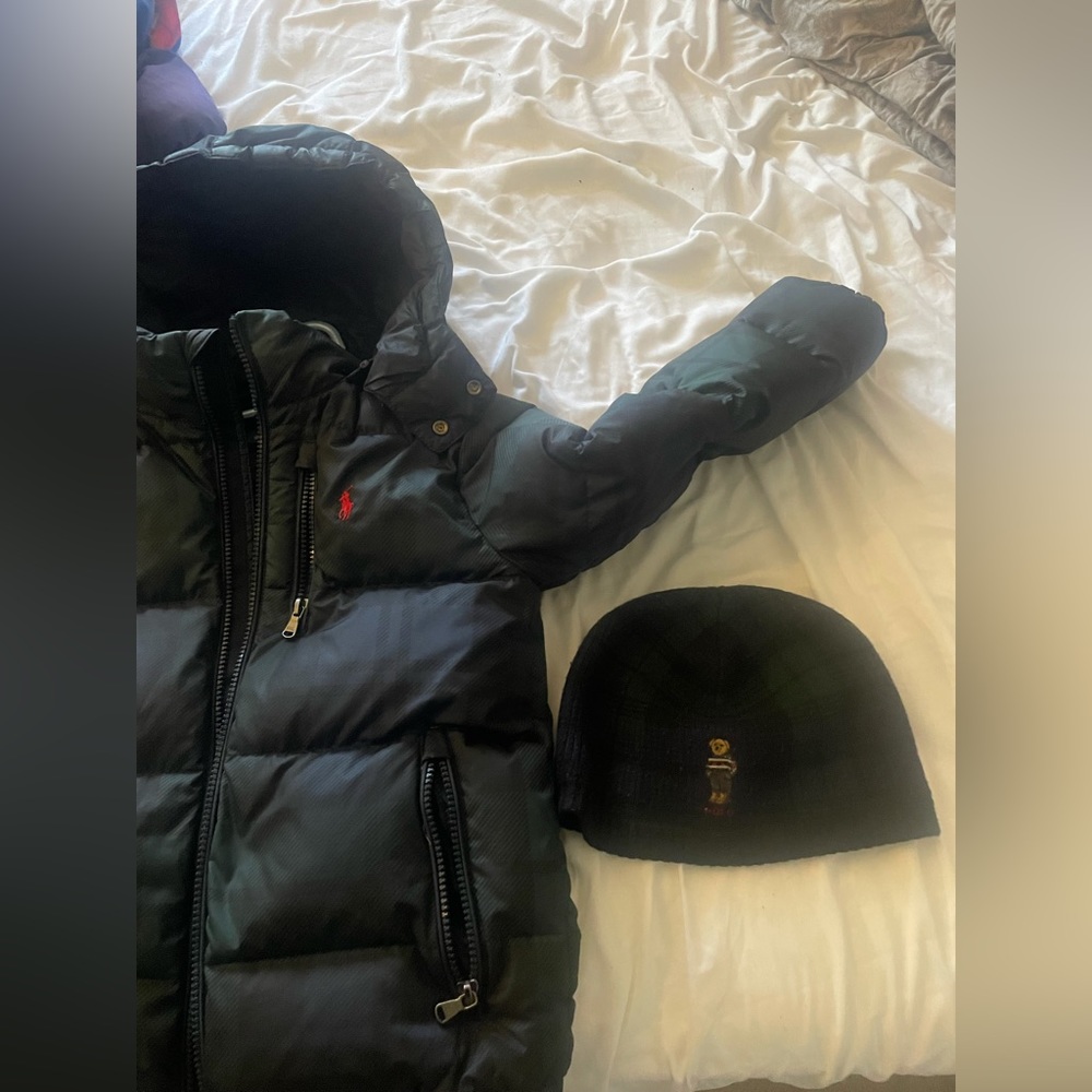 Boys Ralph Lauren puff coat detachable hood. With matching Ralph Lauren hat